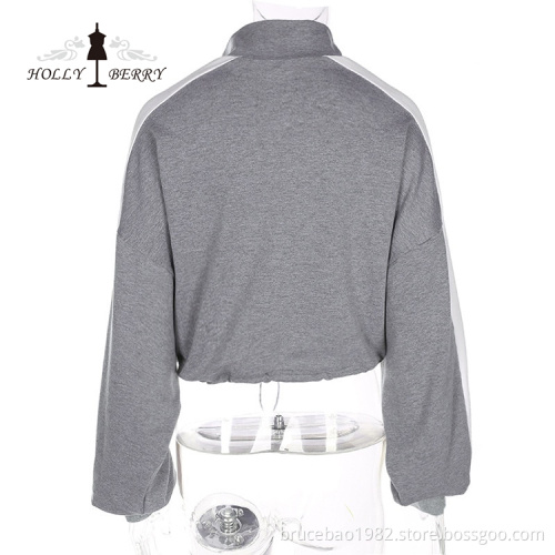 Short Turn-down Collar Cotton Full Midriff-baring Women Hooded Sweatshirt Zipper